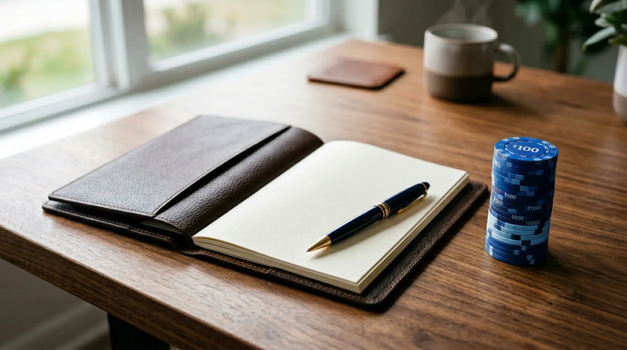 Notitieboek met pen en stapel speelfiches op houten tafel