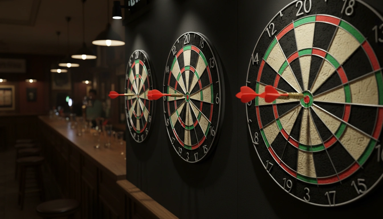 Meerdere dartsborden naast elkaar met pijlen in triple 20