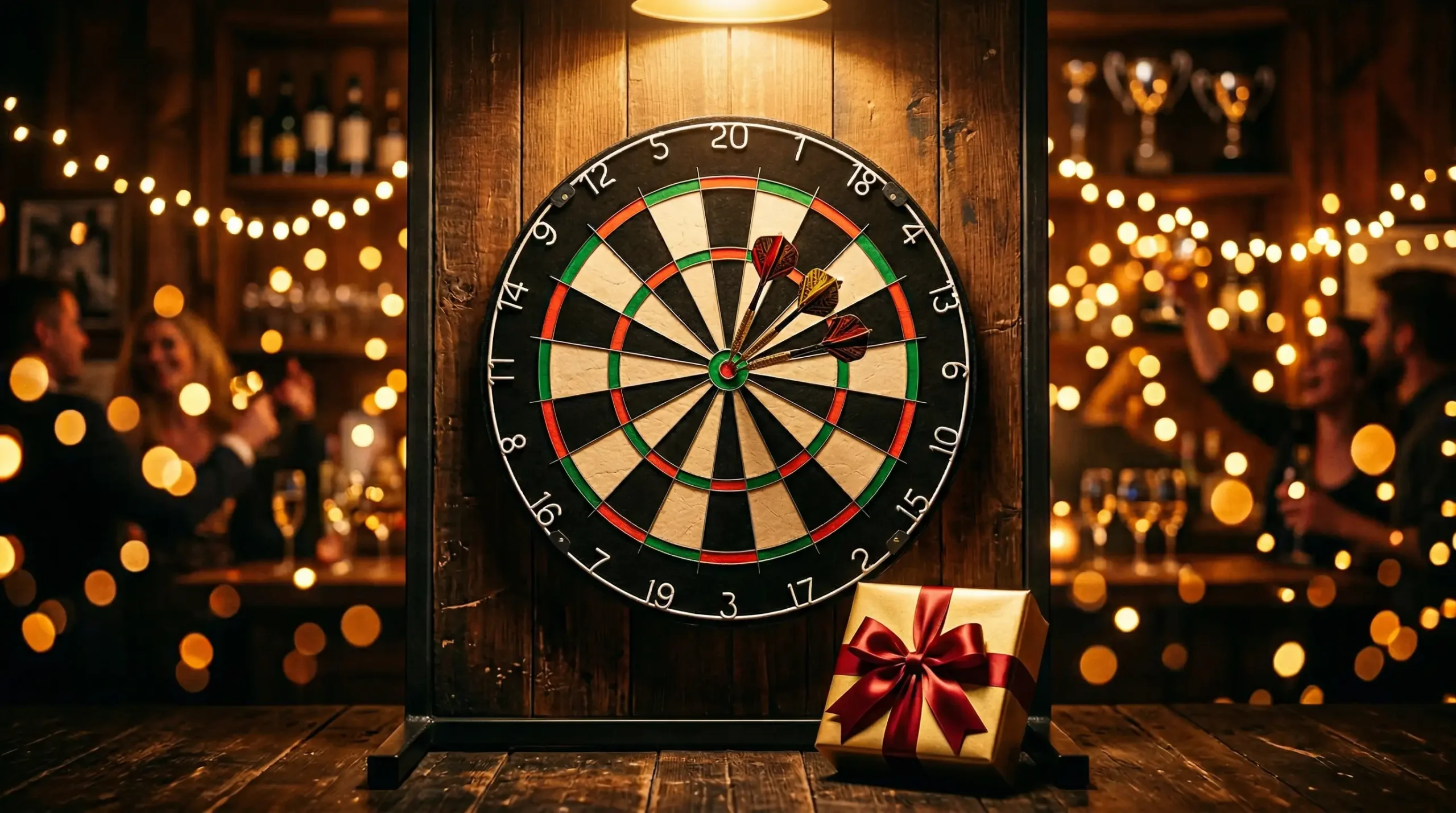 Dartbord met feestelijke verlichting en cadeau-icoon