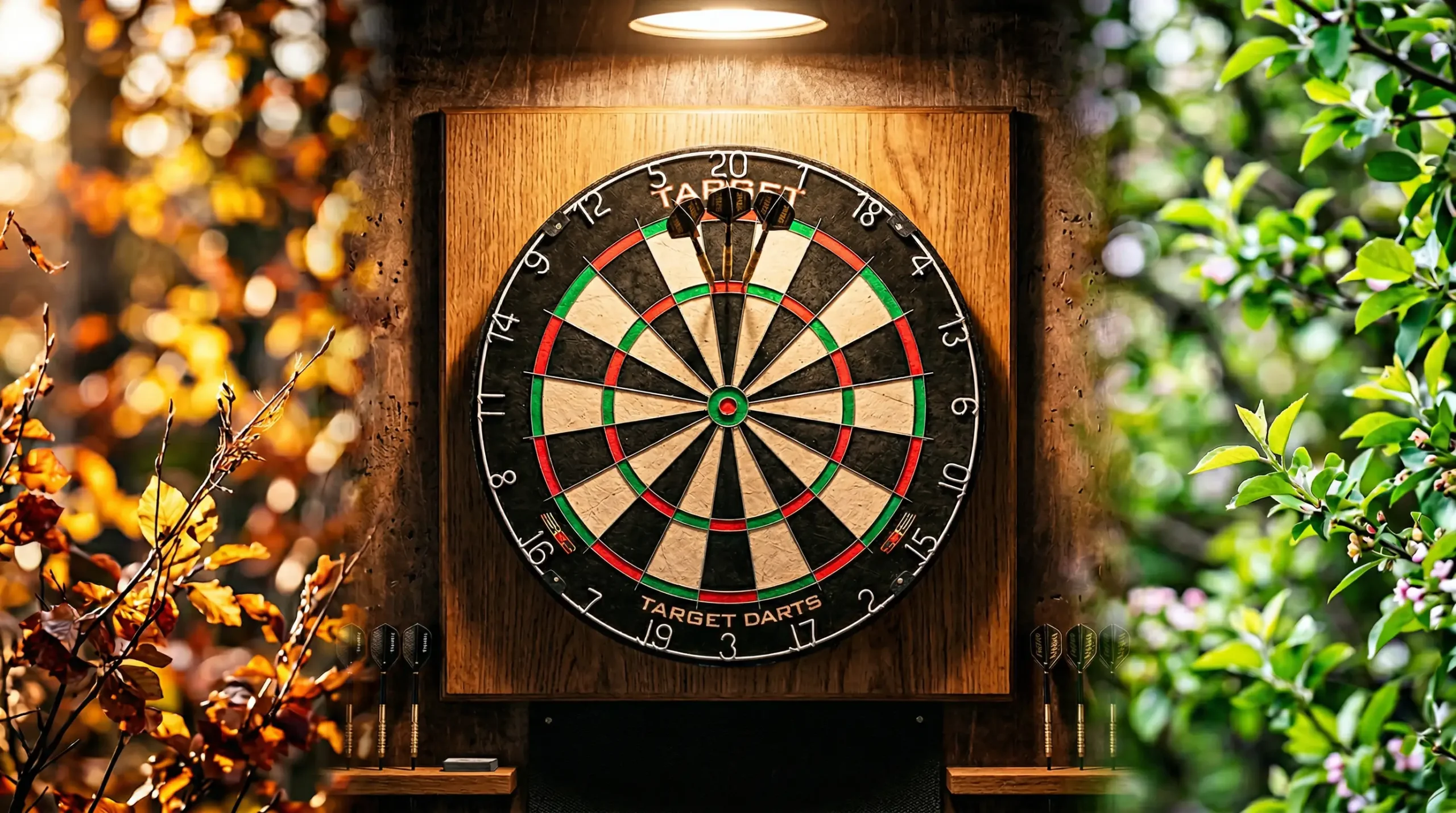 Dartbord met jaarplanning en seizoensoverzicht op achtergrond