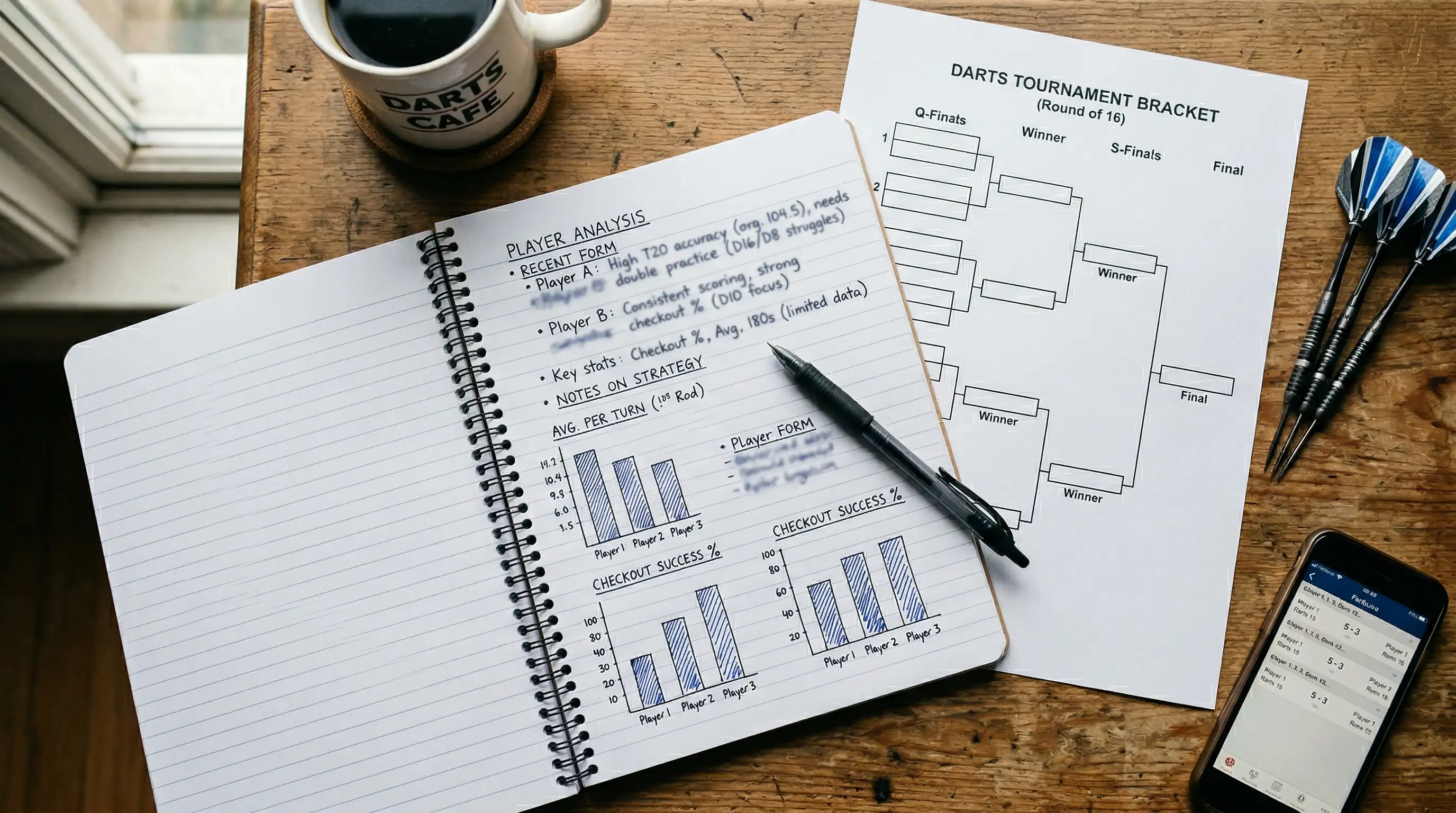 Notitieblok met darts statistieken en analyse aantekeningen