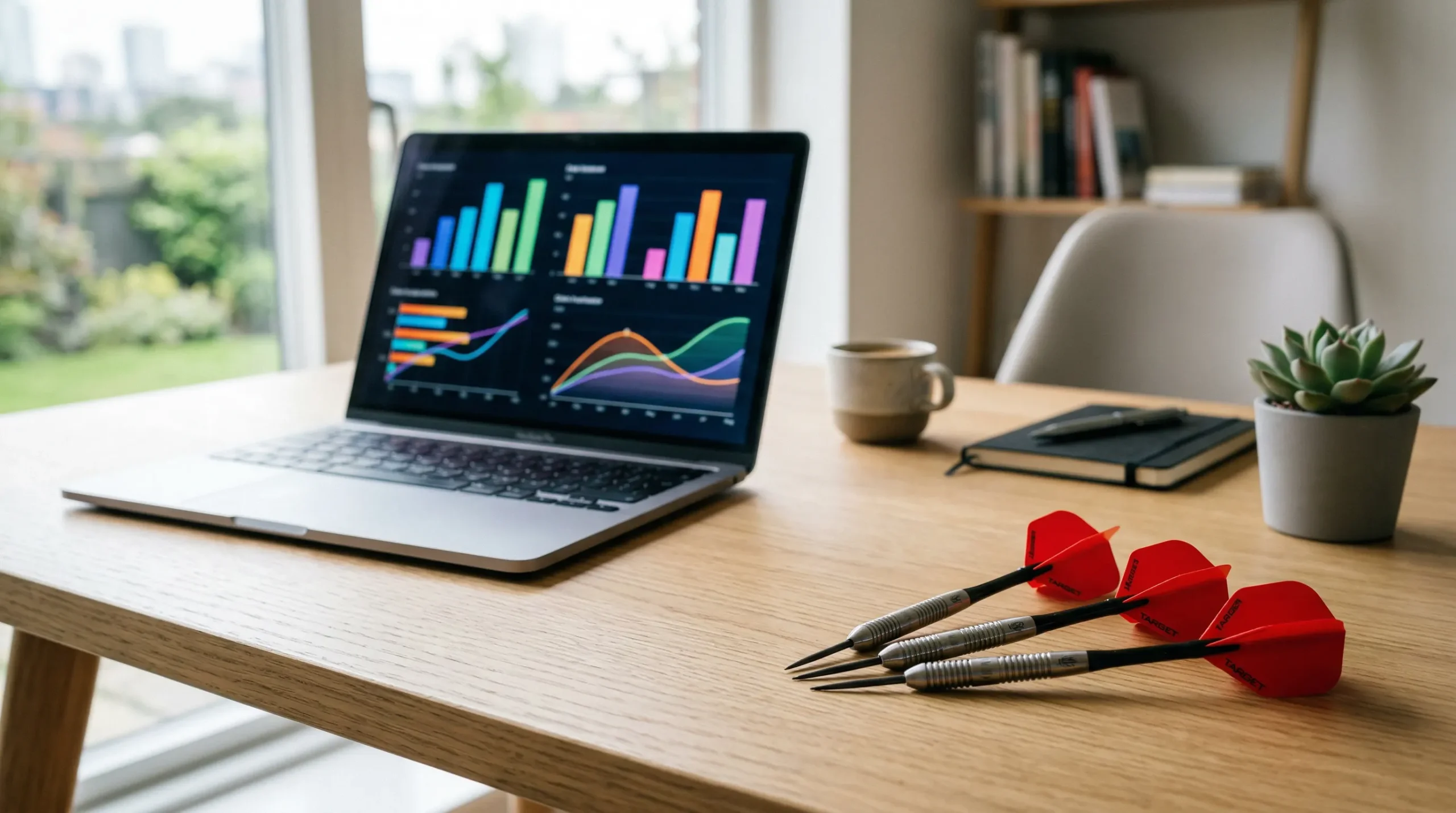 Laptop met darts statistieken naast dartpijlen op bureau
