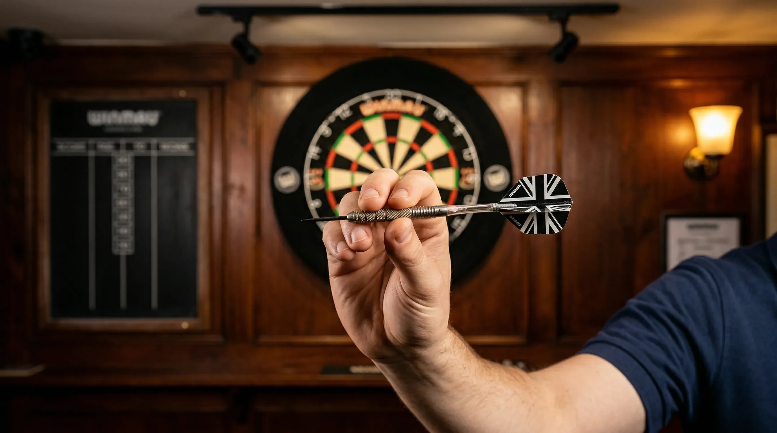Hand met dartpijl gericht op dartbord voor eerste worp
