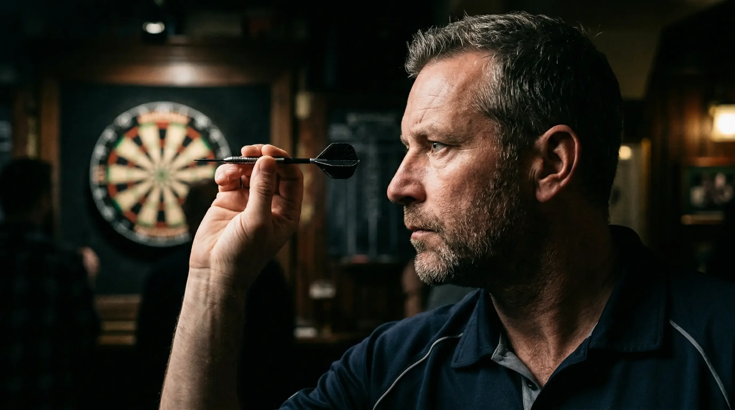 Darter in concentratie met dartpijl in hand bij oche