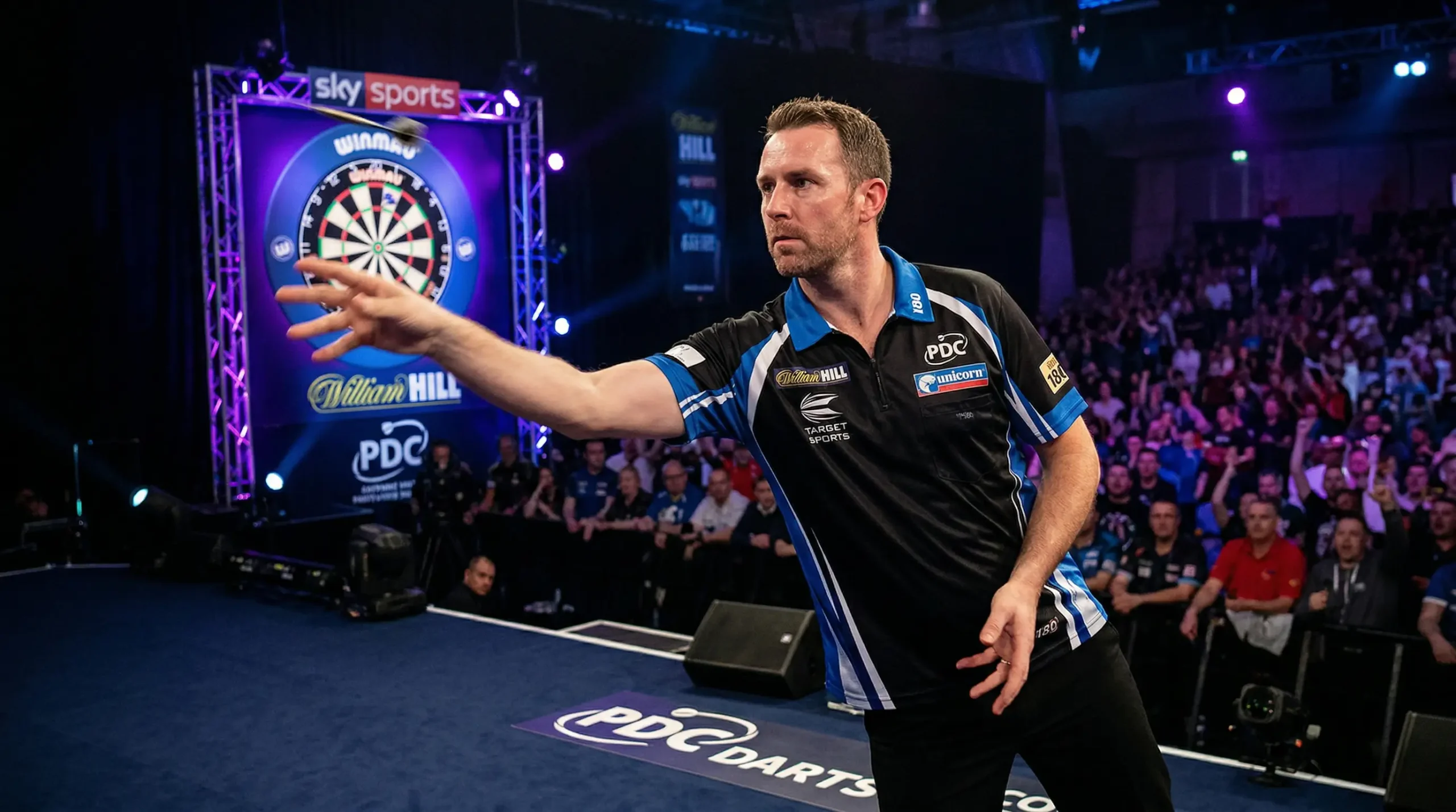 Dartspeler gooit pijl naar dartbord, handicap weddenschappen concept