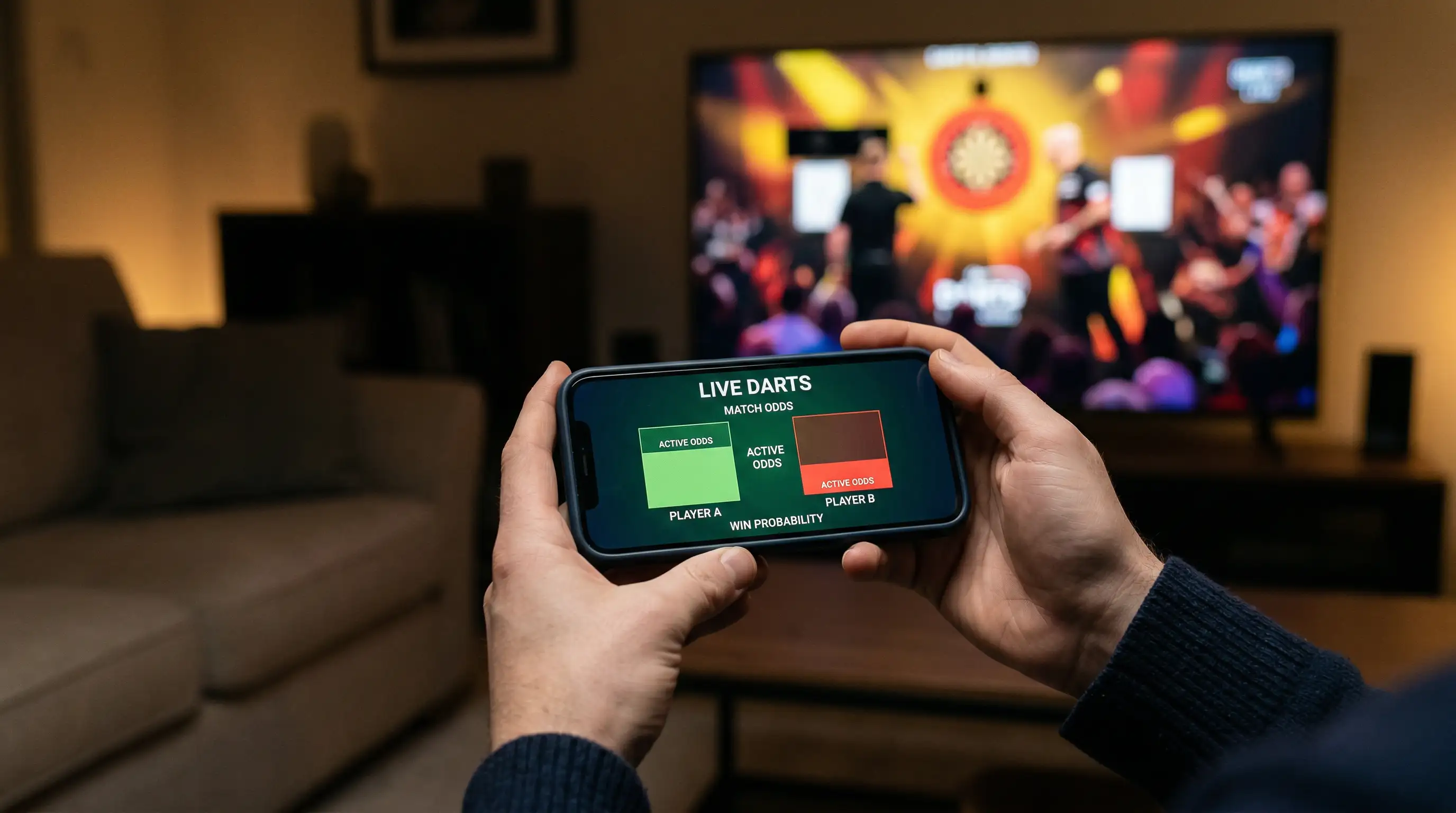 Persoon bekijkt darts live wedden op smartphone tijdens wedstrijd