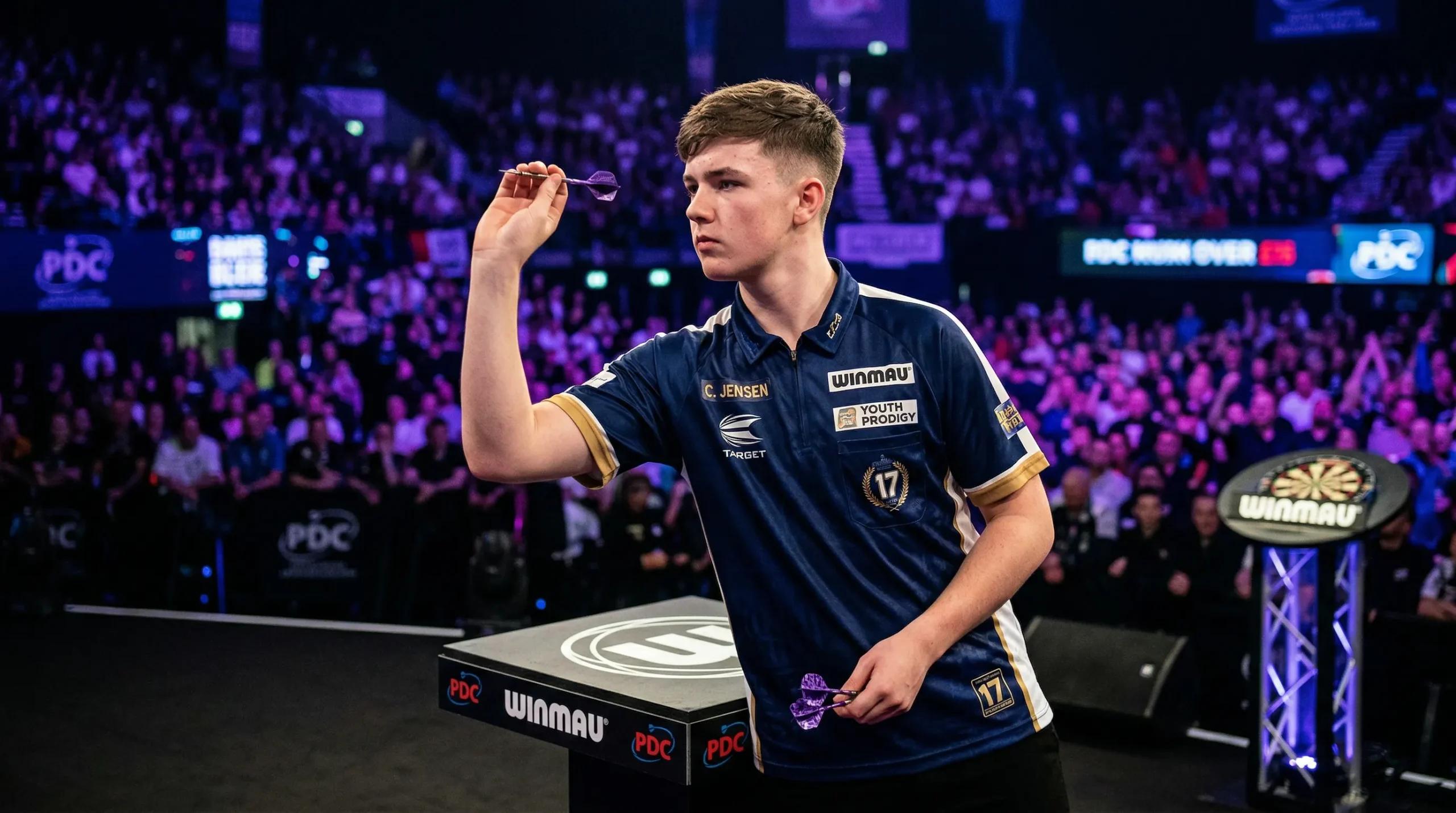 Luke Littler jonge dartster gooit met focus en concentratie