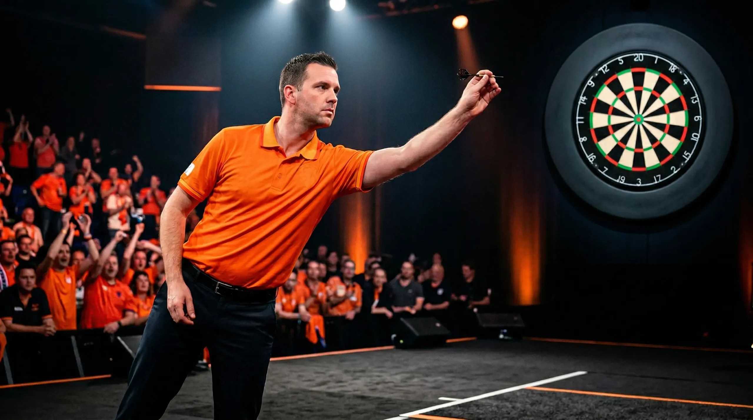 Nederlandse darter in oranje shirt gooit pijl op dartbord