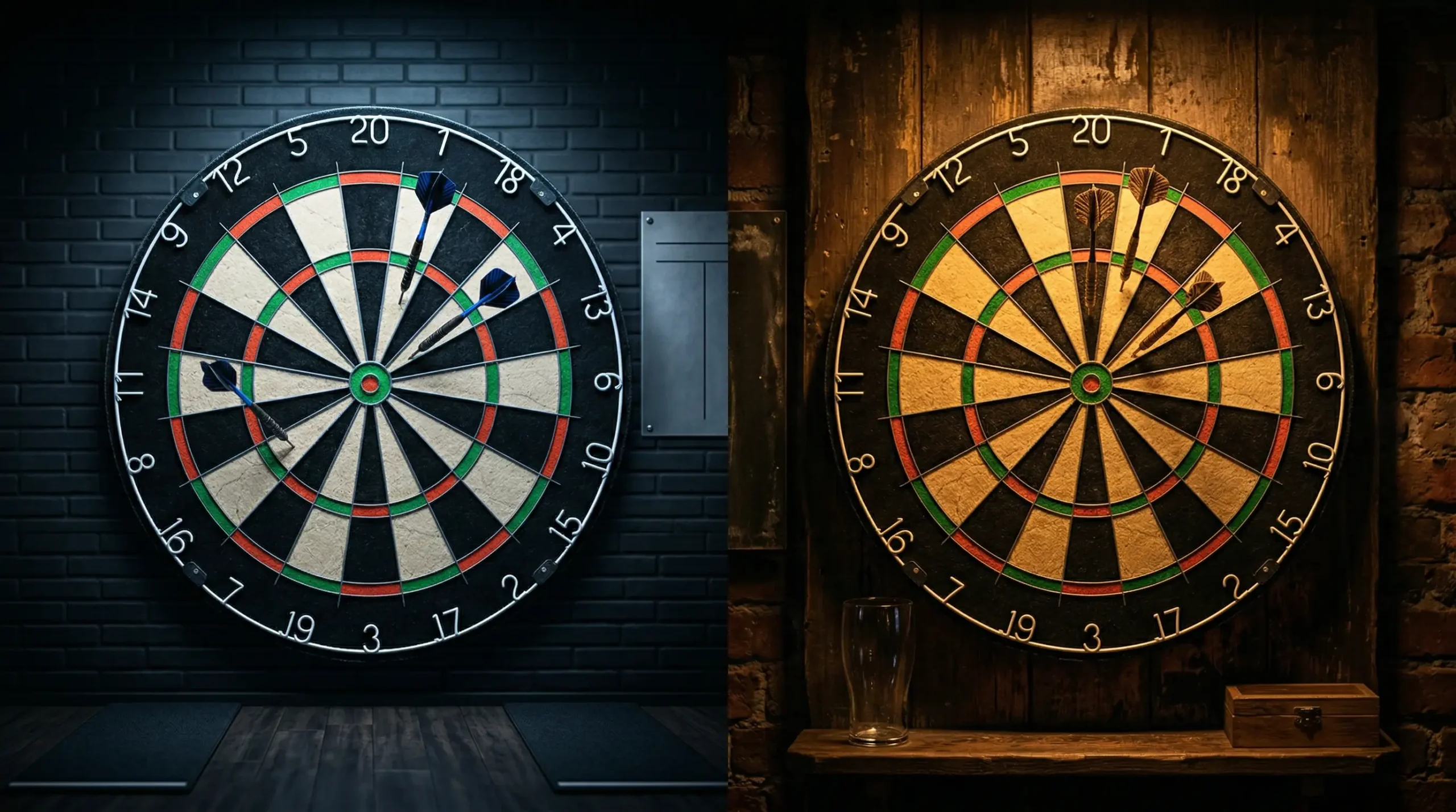 Twee dartborden naast elkaar met verschillende verlichting