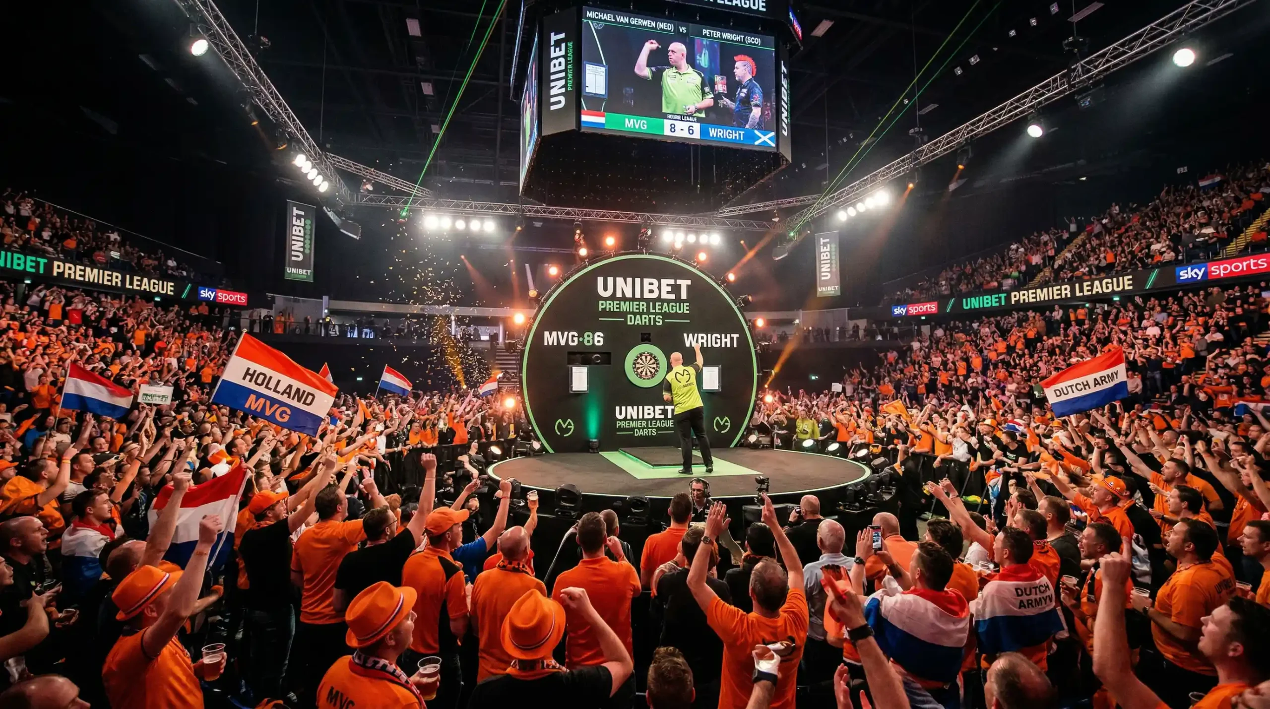 Premier League Darts podium met publiek in arena, wekelijkse competitie