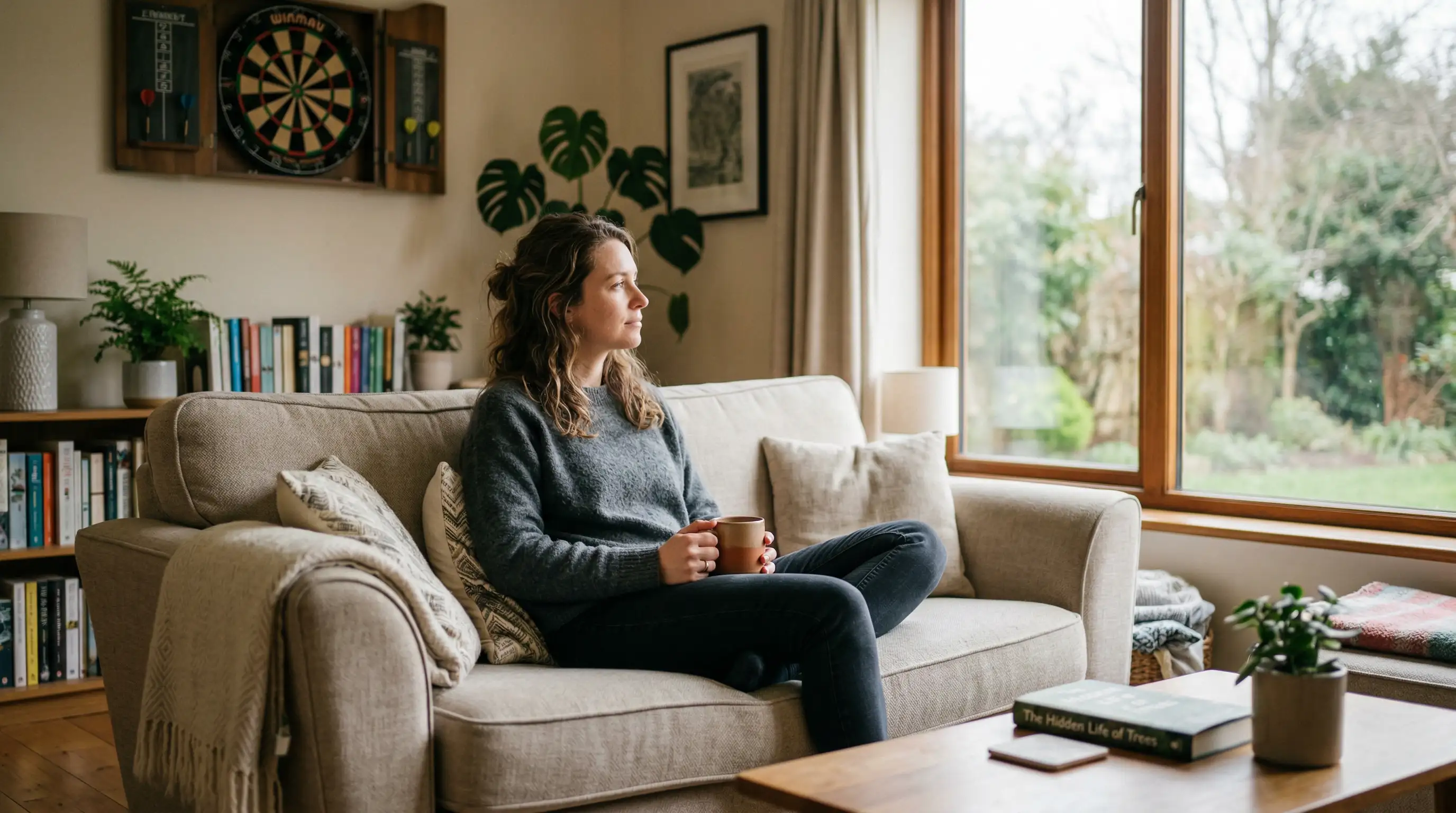 Persoon neemt pauze van wedden, dartbord op achtergrond