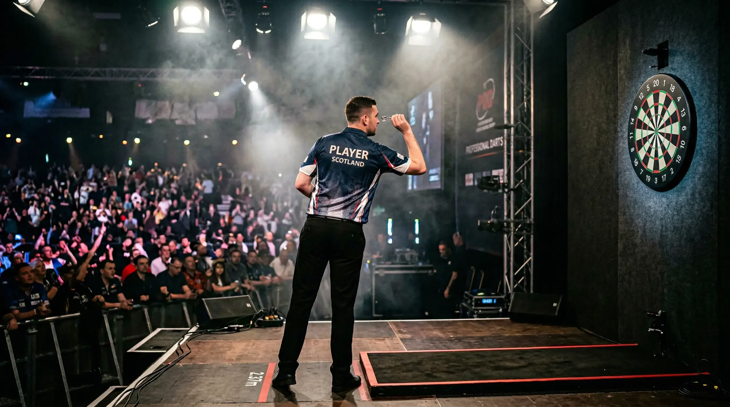 Darter op podium met spotlights en publiek op achtergrond