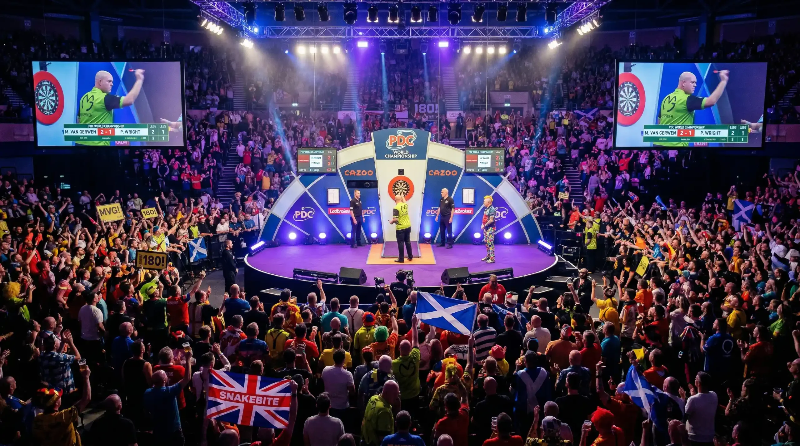 Dartspodium Alexandra Palace WK Darts met juichend publiek